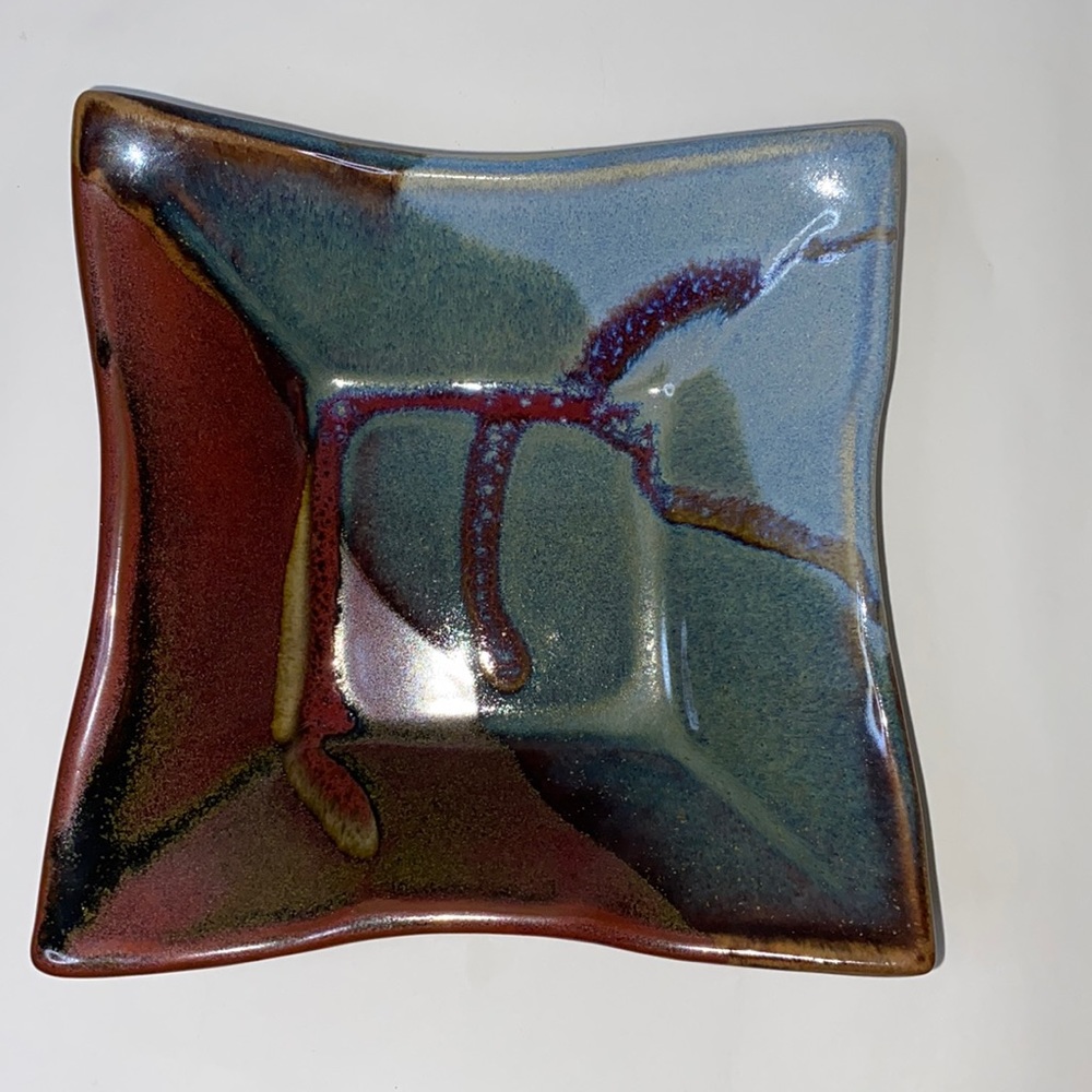 Signed Pottery Dish in Multi Colour Glaze